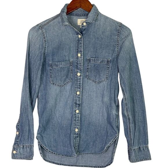J. Crew Cotton Chambray Long Sleeve Denim Button Down Shirt Pockets 00 Blue - Picture 10 of 15